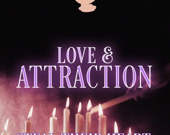 Könnte beinhalten: Bild mit dem Text "LOVE & ATTRACTION" in lila Neon-Schrift, mit den Worten "STEAL THEIR HEART" darunter. Das Bild zeigt auch brennende Kerzen und ein Logo mit der Aufschrift "Secret Solutions".