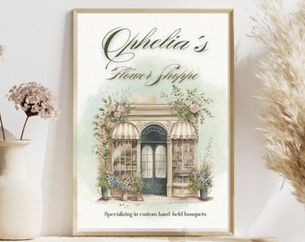 May include: A watercolor illustration of a flower shop storefront with a sign that reads "Ophelia's Flower Shoppe" and the text "Specializing in custom hand-tied bouquets".