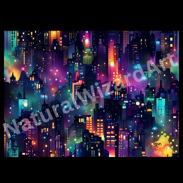 City Collage Digital Art Printable, Night City, Bright Wall Art, Scifi Decor, Colorful Lights Fantasy PNG, Unique Background, Neon Wallpaper