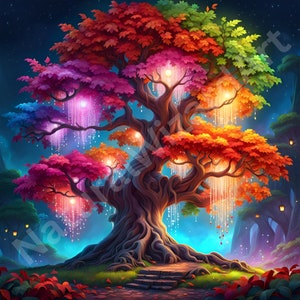 Colorful Tree with Crystals and Bright Lights, Printable Digital Art, Forest PNG, Children Wall Art, Fall, Nature Print, Fantasy Home Decor