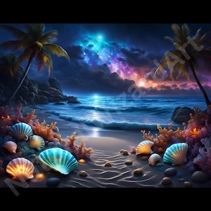 Bunte Strandnacht 3Pk, druckbare digitale Kunst, PNG, Küstenozeandruck, biolumineszierende Wellen, Aurora Borealis-Sonnenuntergang, tropische Palmen