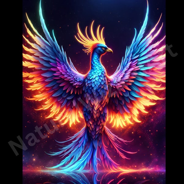 Neon Phoenix, Printable Instant Download Digital Art, PNG, Bright Colorful Fantasy Wall Art, Mystical Decor, Unique Wallpaper or Background