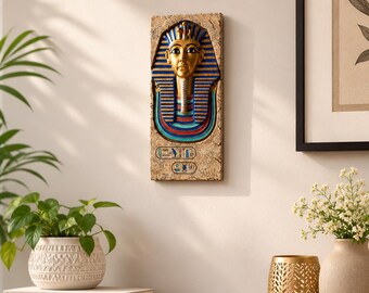 Tutankhamun-mask stenplakett, egyptisk konstdekor, samlarfigur