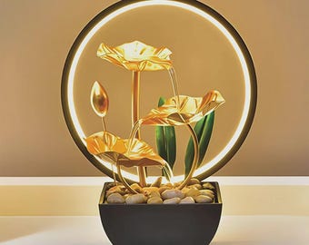 Indoor LED Tabletop Fountain with Gold Leaves & Ring Light, Feng Shui Decor