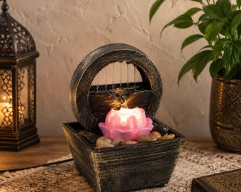 Fountain LED Tabletop Indoor Fountain with Flower & Stones – Relaxing Water Feature