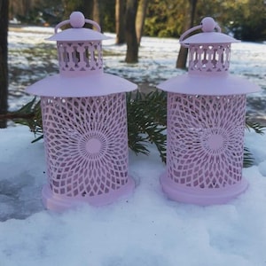 Set of 2 Pink Metal Lanterns, Shabby Chic Decor, Rustic House Decor