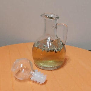 Small Glass Oil Decanter with Handle,  Oil or Vinegar Cruet, Rustic Kitchen Glassware