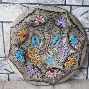 Vintage Turkish Brass Decorative Plate – Hand-Painted Floral & Lace Design