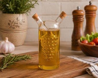 Glass Oil and Vinegar Cruet, 2-in-1 Dispenser, Vintage Grape Design