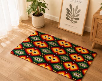 Vintage Embroidered Cotton Rug, Bulgarian Geometric Carpet, Boho Decor (25x28 in)