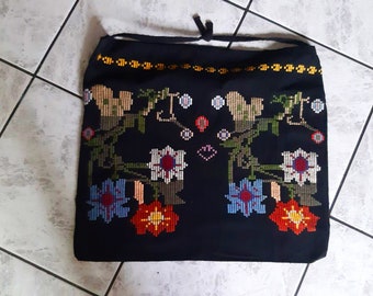 Black Vintage Bag from 40s, Homespum, Hand Embroidered Rich Floral Design, Bohemian Bag, Ethnical Collectible Gift