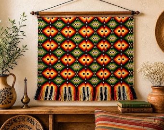 Vintage Wall Hanging Rug, Bulgarian Folk Art Cotton Embroidered Carpet