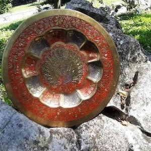 Vintage Brass Peacock Plate, Wall hanging, Enameled brass plate, India Decor