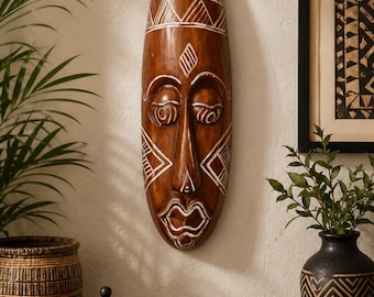 Brown Wooden African Mask, Tribal Wall Hanging Home Décor