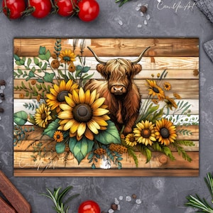 Western Highland Cow Sublimation Cutting Board Design, Rustic Farm Animal Cutting Board PNG, Sunflowers Chopping Board File Digital Design