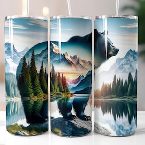 Bear Tumbler Wrap PNG, Lake Mountain Forest Wildlife Design, Outdoor 20oz Skinny Sublimation (Digital Download)