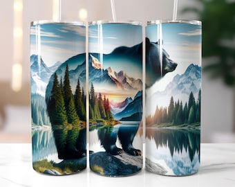 Bear Tumbler Wrap PNG, Lake Mountain Forest Wildlife Design, Outdoor 20oz Skinny Sublimation (Digital Download)