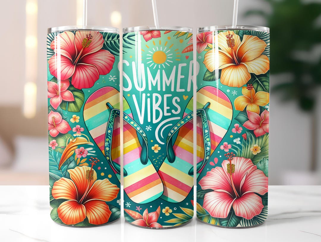 Summer Vibes Tumbler Wrap, Flip Flops 20oz Skinny, Tropical Flowers ...