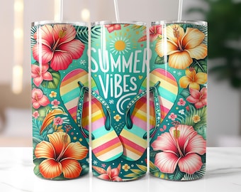 Summer Floral Tumbler Wrap, 20oz Skinny, Flowers Sublimation Designs, Tropical Flowers Tumbler, Summer Vibes Tumbler Wrap, Flip Flops png