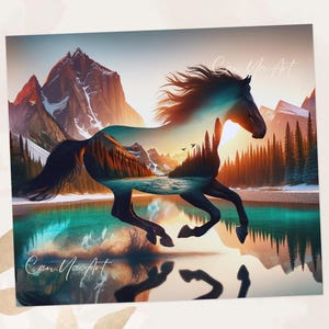 May include: A digital art print featuring a running horse silhouette with a landscape overlay. The artwork showcases mountains, a lake, and trees, with a sunset backdrop. The horse is dark, and the landscape is vibrant.