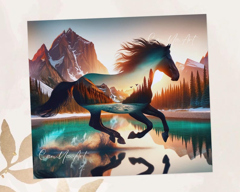 May include: A digital art print featuring a running horse silhouette with a landscape overlay. The artwork showcases mountains, a lake, and trees, with a sunset backdrop. The horse is dark, and the landscape is vibrant.