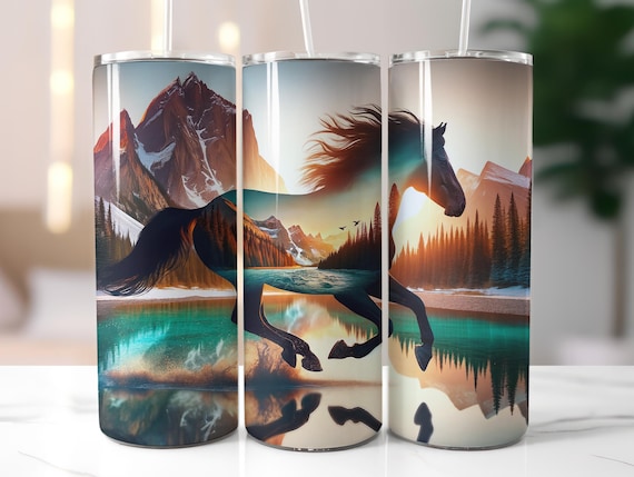 Horse Tumbler Wrap, Mountain Forest 20oz Skinny, Lake Design, Outdoor Sublimation, Running Western Horse Wrap, Nature Design