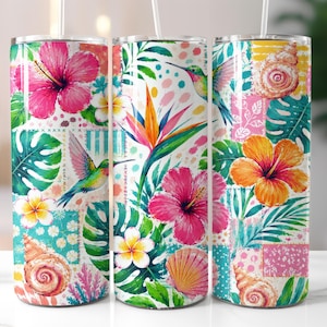 May include: A cylindrical tumbler featuring a vibrant tropical pattern with pink and orange hibiscus flowers, green monstera leaves, colorful hummingbirds, and seashells. The design includes a white straw extending from the top of the container.