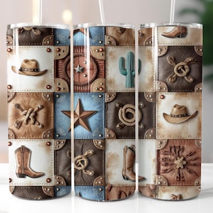 Rivestimento per bicchiere termico Western Patchwork, stivali e cappelli da cowboy, 20 oz Skinny, design per sublimazione di trapunte png download digitale