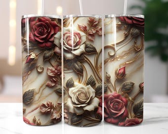 3D Red Roses Tumbler Wrap, Flowers 20 oz Skinny Tumbler wrap, Elegant Sublimation Design, Floral Seamless Tumbler Wrap