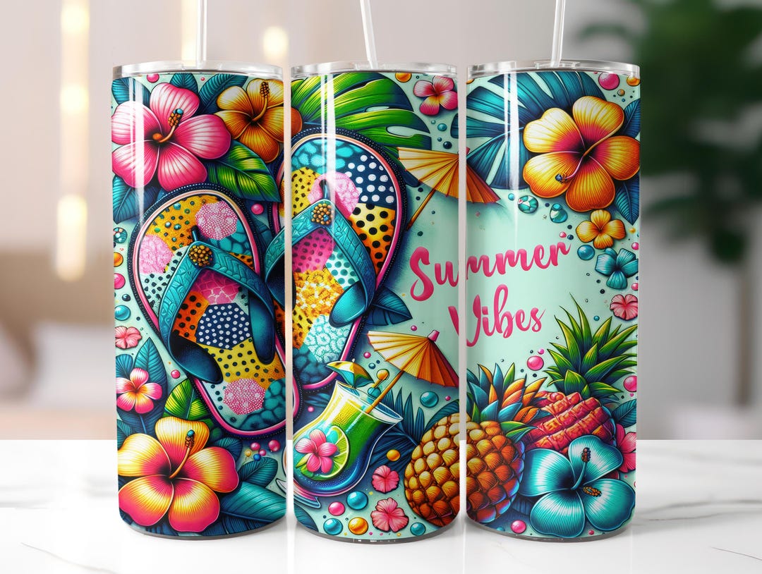 Summer Vibes Tumbler Wrap, Beach Flip Flops 20oz Skinny, Hibiscus ...