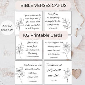May include: Set of 102 printable Bible verses cards, each 3.5" x 3" in size. The cards feature inspirational quotes with floral line art. The text includes verses from the Bible. The cards are white with black text.