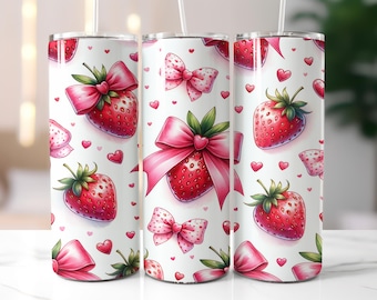 Coquette Strawberry Tumbler Wrap PNG, 20oz Seamless Summer Bow Design, Pink Heart Aesthetic Sublimation, Strawberries, Bows Tumbler Wrap