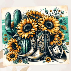 May include: An illustration featuring a pair of cowboy boots, a cowboy hat, sunflowers, and cacti. The boots are black and tan with decorative stitching. The sunflowers are yellow and brown. The background is a teal color.