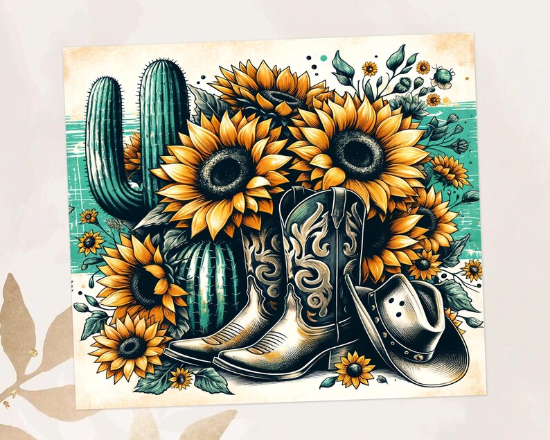 May include: An illustration featuring a pair of cowboy boots, a cowboy hat, sunflowers, and cacti. The boots are black and tan with decorative stitching. The sunflowers are yellow and brown. The background is a teal color.