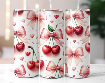 Coquette Cherry Tumbler Wrap PNG, 20oz Seamless Bow Design, Pink Heart Aesthetic Sublimation, Cherries, Bows Tumbler Wrap
