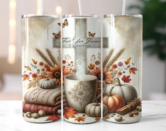 Christian Tumbler Wrap, Faith Sublimation, Fall For Jesus 20oz Skinny Tumbler PNG, Pumpkin Wrap, Religious Inspirational Design