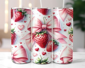 Coquette Strawberry Tumbler Wrap PNG, 20oz Seamless Summer Bow Design, Pink Heart Aesthetic Sublimation, Strawberries, Bows Tumbler Wrap