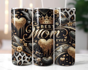 Mama Tumbler Wrap, Best Mom Ever Leopard Glitter 20 oz Skinny Seamless Sublimation Design png