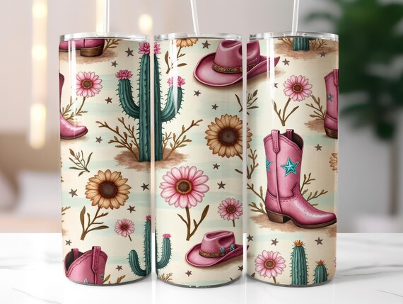Western Cowgirl Tumbler Wrap, Cactus & Flowers 20oz Seamless Design, Boho Rustic Western png, Pink Western Design, Western Boots png