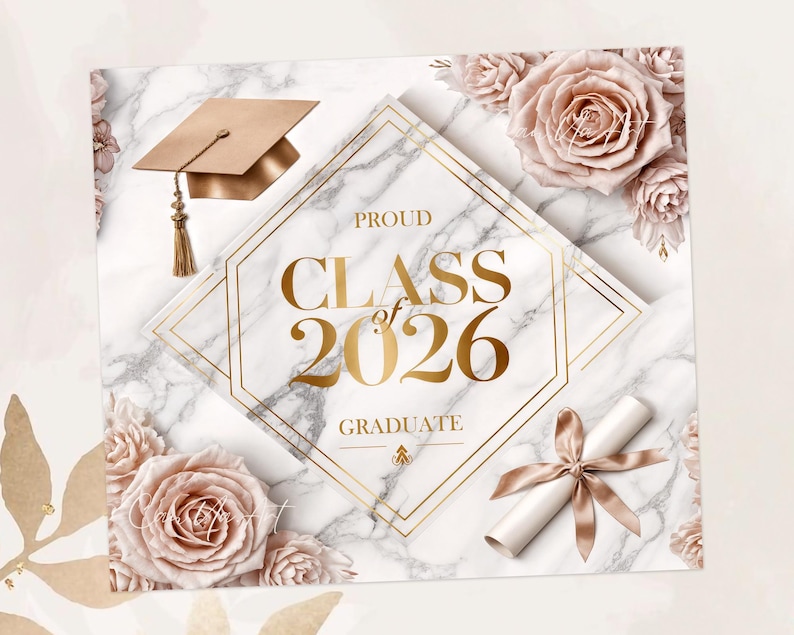 May include: A graduation announcement with a marble background, gold accents, and blush roses. The text reads "Proud Class of 2026 Graduate." A gold graduation cap and diploma with a ribbon are also featured.