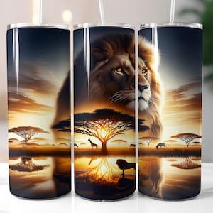 May include: A set of three stainless steel tumblers featuring a majestic lion against a sunset backdrop. The design includes African savanna trees, wildlife silhouettes, and a reflective water surface, creating a vibrant and detailed scene.