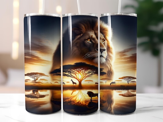 Lion Tumbler Wrap, Africa Savanna Wildlife, 20 oz Skinny Sublimation Design (PNG Digital Download)