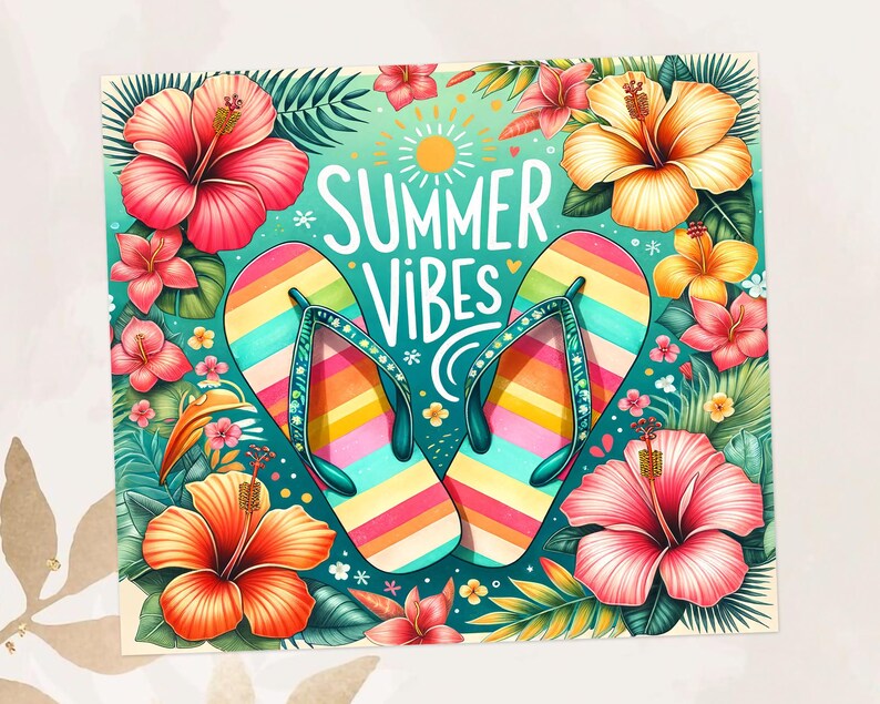 May include: A colorful illustration featuring a pair of rainbow-striped flip-flops with the words "Summer Vibes" in white script. The image is surrounded by vibrant hibiscus flowers, tropical leaves, and a sun.