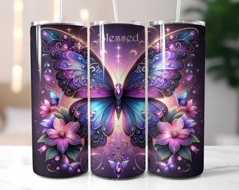 Christian Butterfly Tumbler Wrap, Blessed Design, Religious Design, Inspirational Wrap png, Bible Verse Sublimation, 20oz Skinny Wrap,