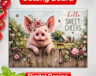 Farmhouse Pig Cutting Board Sublimation PNG, Floral Farm Animal Design (Digital Download)