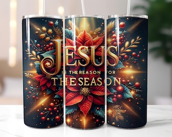 Christian Christmas Tumbler Wrap, Jesus is the Reason 20oz Skinny Sublimation, Christmas Tree Design, Bible Verse Wrap png, Faith Christmas