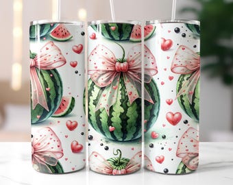 Coquette Watermelon Tumbler Wrap PNG, 20oz Seamless Summer Bow Design, Pink Heart Aesthetic Sublimation, Watermelon, Bows Tumbler Wrap
