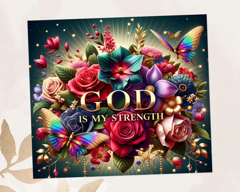 May include: A square print featuring a vibrant floral arrangement with red, pink, and purple roses, teal and purple flowers, and two colorful butterflies. The gold text reads "GOD IS MY STRENGTH" against a dark teal background.