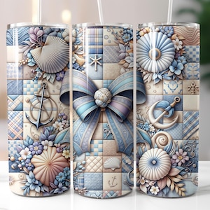 May include: Three stainless steel tumblers with a nautical theme. Each tumbler features a different design with blue, white, and beige colors. The designs include a bow, anchors, seashells, and floral patterns.