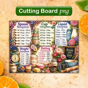 May include: A rectangular kitchen conversion chart featuring floral borders and text for spoon, cup, liquid, and weight measurements. It includes illustrations of measuring spoons, cups, a scale, a flour canister, a bowl, and a rolling pin.